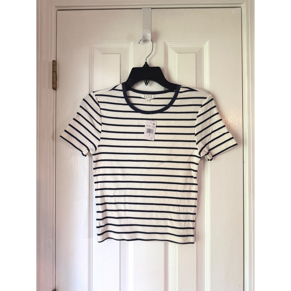 Z Supply‎ Supernova Striped Ribbed T-Shirt White Navy Blue Crew Neck Small